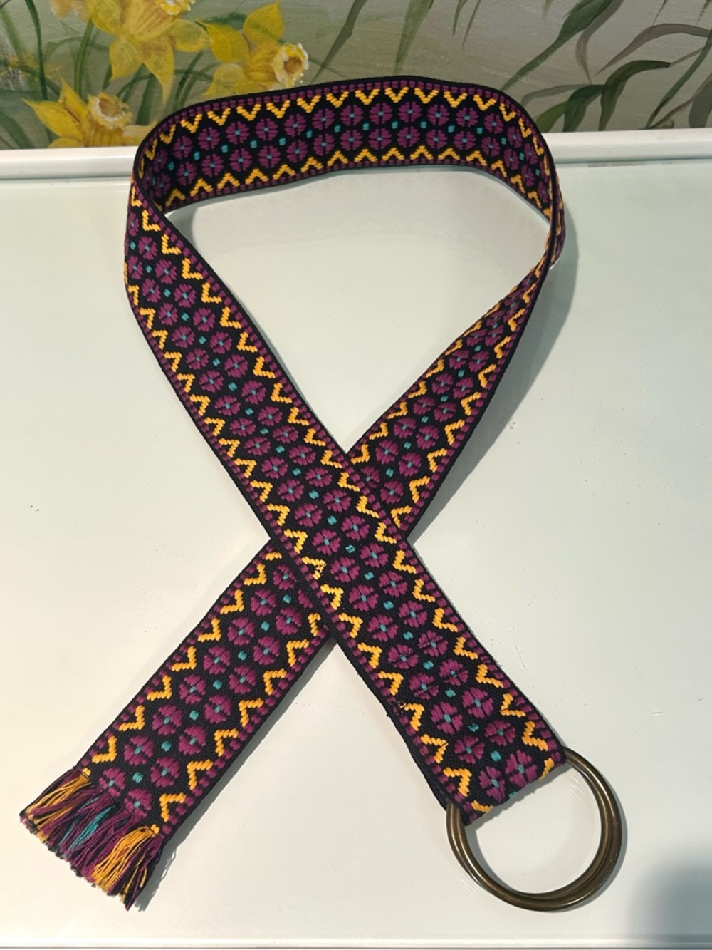 Vintage 70’s The Orange Flower Woven Multi-Color Boho Patterned Belt